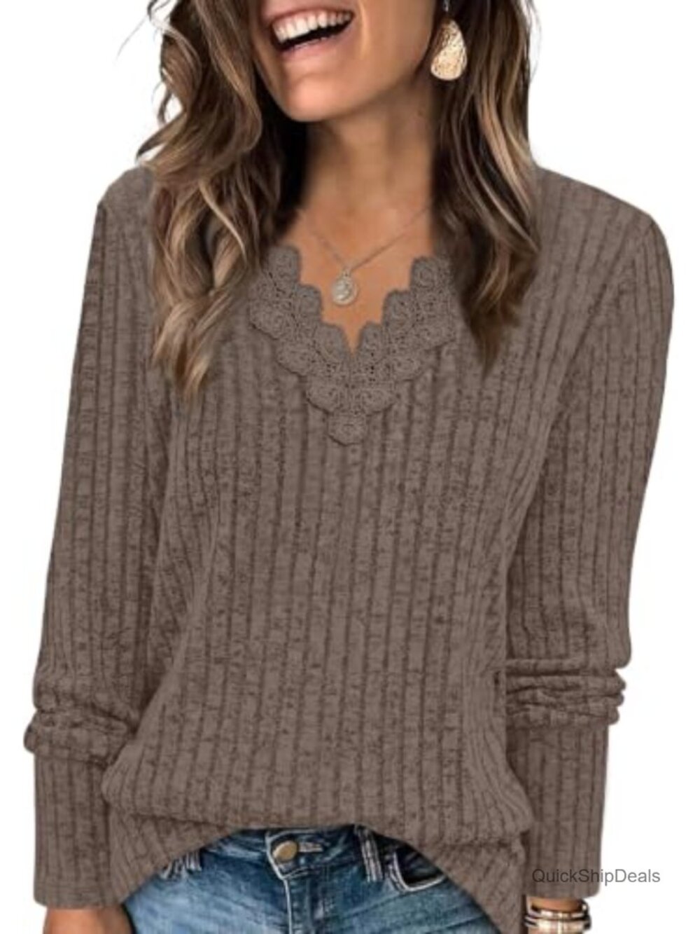 Womens Long Sleeve V Neck Lace Trim Ribbed Knit Tunic Top Casual Fall
